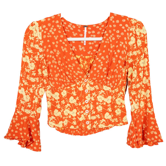 FREE PEOPLE Red Floral Lady Bohemian Cropped Blouse Bell Sleeve Women's XS - Picture 2 of 7